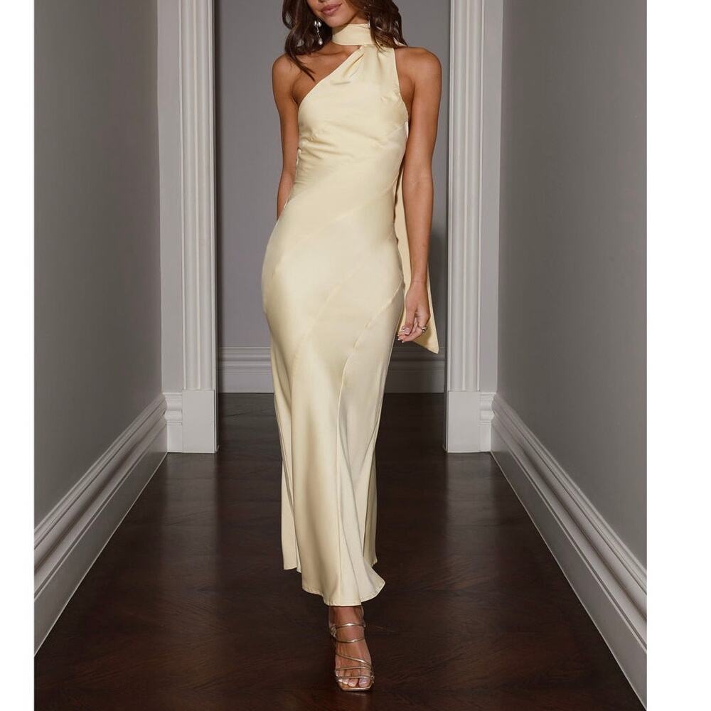 Hello Molly Pale Yellow One-Shoulder Satin Maxi Dress